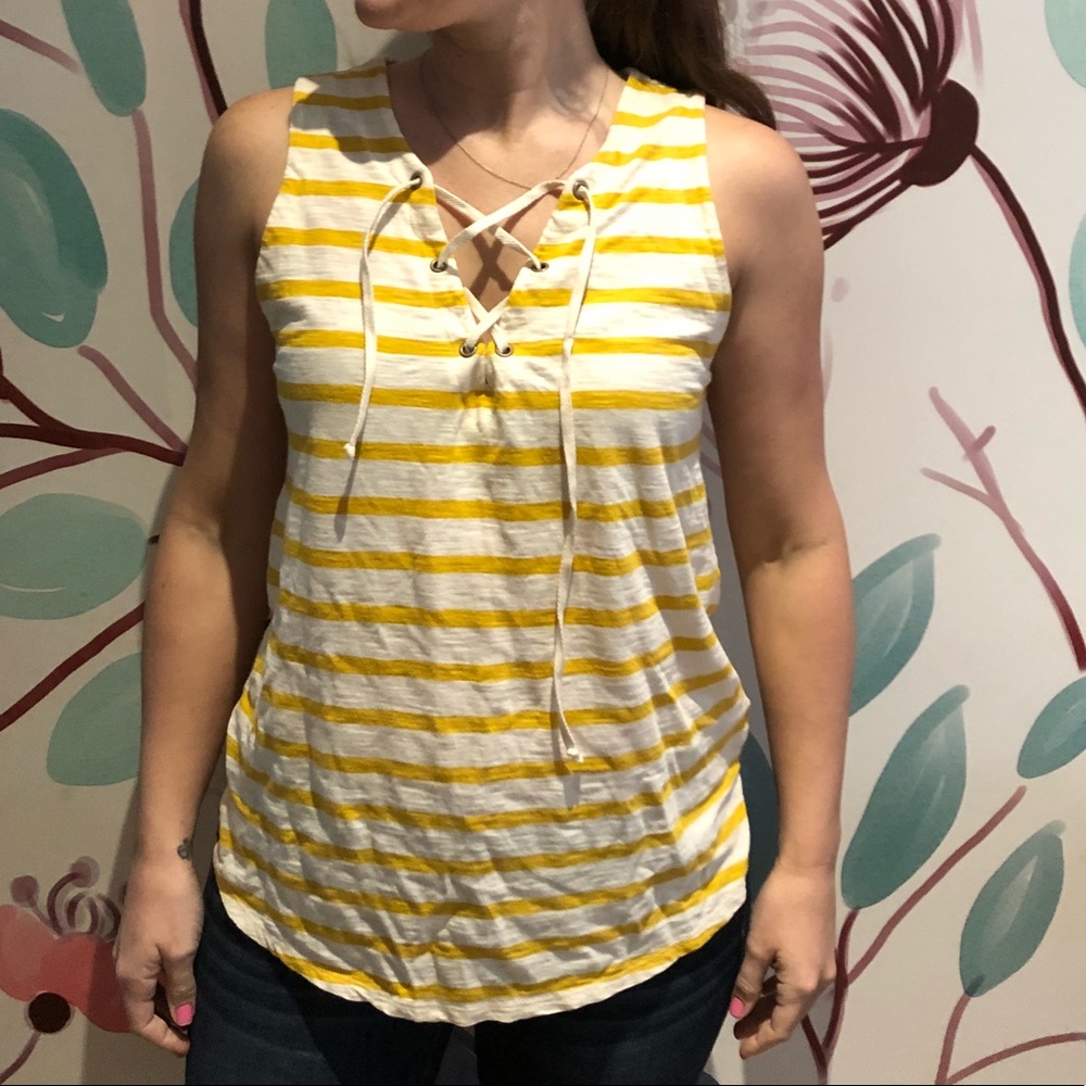 Mustard and ivory stripe top with lace detail